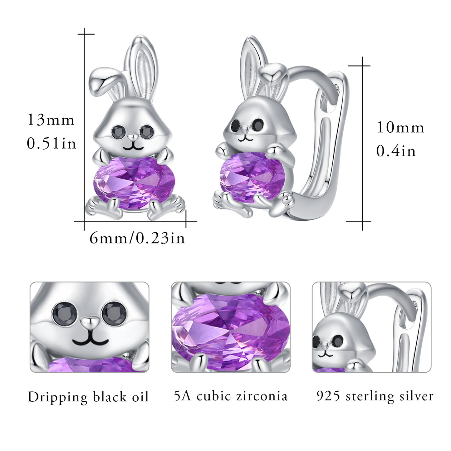 Boucles d'oreilles créoles en argent sterling 925 avec zircon violet pour oreilles sensibles