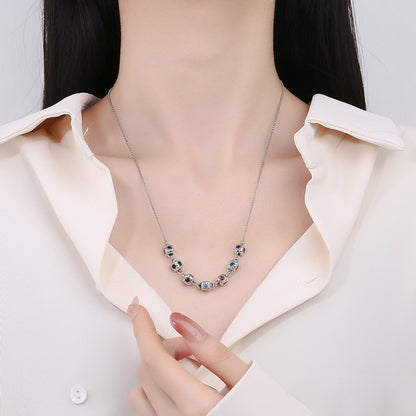 S925 Sterling Silver Fashion Colorful Square Dice Zircon Necklace Retro Heavy Industry Collar Chain