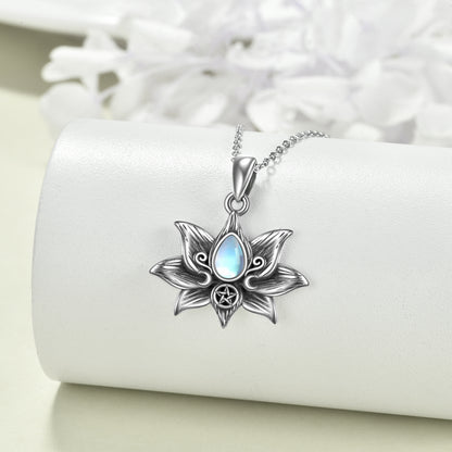 Collier pendentif fleur de lotus en argent sterling avec pierre de lune, bijoux cadeaux pour femmes