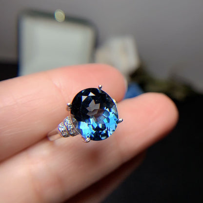 London Blue Topaz Ring Dark Blue Noble 925 Silver Inlaid