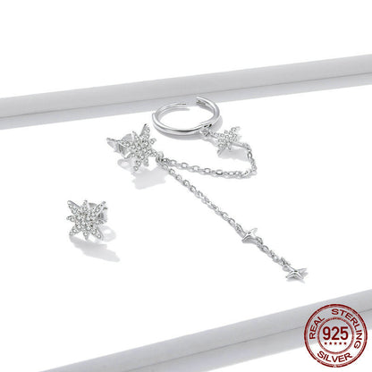 925 Silver Crystal Earrings New Shining Star Asymmetric Ear Line