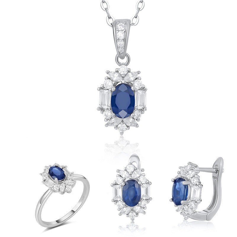 S925 Silver Natural Sapphire Geometric Earrings Necklace Ring Set Women's Light Luxury High Class Elegant Jewelry Three-piece Set