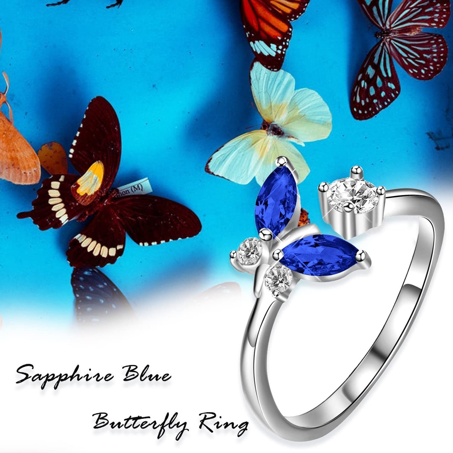 Anillo de mariposa en plata de ley 925 con cristal azul zafiro