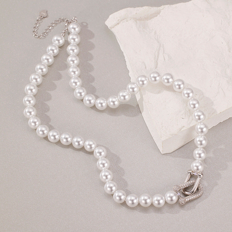 Vachette Clasp Shell Pearls Necklace 925 Silver Light Luxury Micro Inlaid Personalized Clavicle Chain