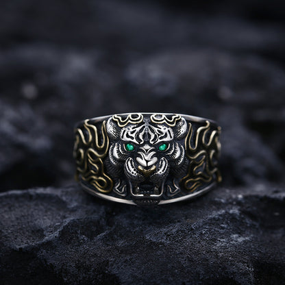 925 Sterling Silver Tiger Head Retro Adjustable Ring