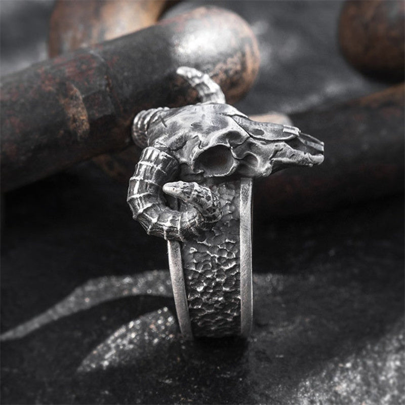 Stainless Steel Exaggerated Punk Ram Head Skull Ring